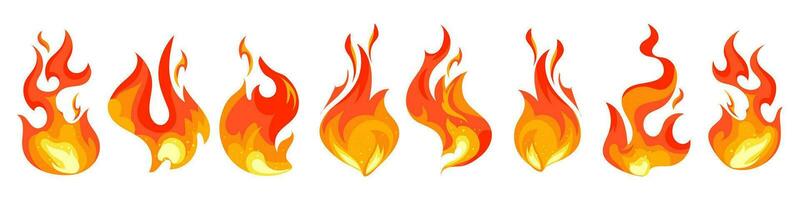 Set of icons of fire, flame. Various burning flames. Fire flame, hot flaming elements. Bonfire. Decorative elements. Collection of bright icons, vector