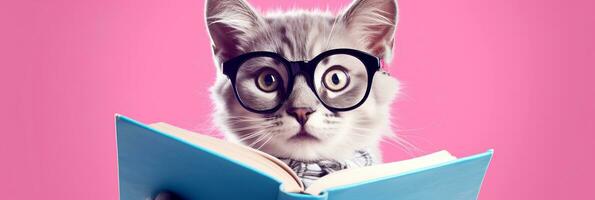 gracioso gato con lentes leyendo libro en rosado antecedentes. bandera. ai generado foto