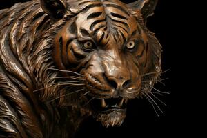 Closeup of bronze tiger head. Generative AI photo