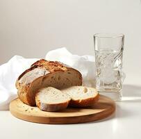 Freshly baked bread and glass of water on a wooden board. Sliced sourdough bread. AI Generated photo