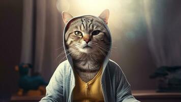 Stylish cat in a hood. Portrait of a cat in a hood on a dark background. Cat in yoga clothes balance concept. Domestic gray cat on a blurred background. AI-Generated photo