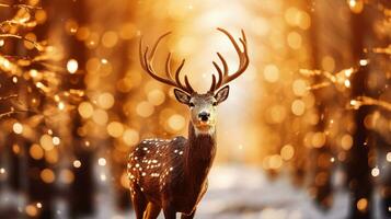 Realistic beautiful deer in magic forest with sparkling lights. Deer in the winter forest. AI Generated photo