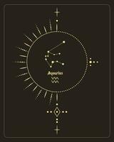 Magic astrology poster with Aquarius constellation, tarot card. Golden design on a black background. Vertical illustration, vector