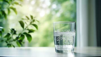 agua en claro vaso en de madera mesa. generativo ai foto