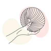 Knitting icon, female hands hold a skein of threads. Line art, sketch, clip art, vector