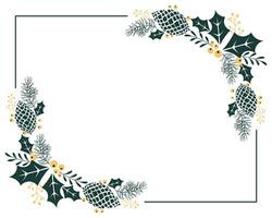 Christmas frame from pine branch, red berries and holly leaves on a white background. Illustration for text, vector