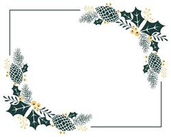 Christmas frame from pine branch, red berries and holly leaves on a white background. Illustration for text, vector