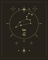 Magic astrology poster with Leo constellation, tarot card. Golden design on a black background. Vertical illustration, vector