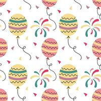 Festive seamless pattern, balloons, fireworks and confetti. Festive background, print, vector