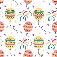 Festive seamless pattern, balloons, fireworks and confetti. Festive background, print, vector