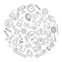 Freehand drawing set of school items in the shape of a circle. Sketch, outline. Illustration for Teacher's Day, vector