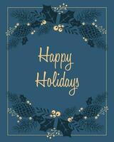 Christmas card. Congratulation text in a frame made of cones, fir branches and yellow holly berries. Poster, vector