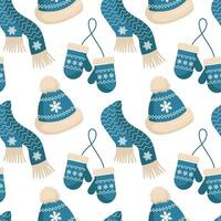 Knitted hats mittens and scarves with snowflake ornament on a white background. Christmas print, background, vector