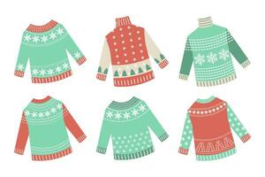 Winter knitted sweaters with ornaments of snowflakes and Christmas trees, set. Icons, vector