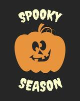 Scary pumpkin and Spooky Season text on dark background. Halloween print, vector