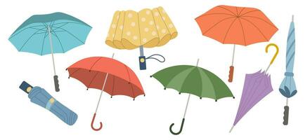 Set of rain umbrellas, open and closed umbrellas. Collection of seasonal accessories. Illustration in flat style. Vector