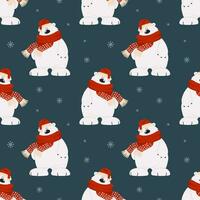 Seamless pattern, cute cartoon polar bear in a scarf and hat on a background with snowflakes. Print, textile, vector