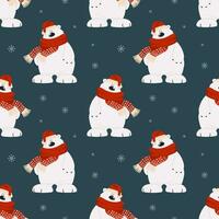 Seamless pattern, cute cartoon polar bear in a scarf and hat on a background with snowflakes. Print, textile, vector