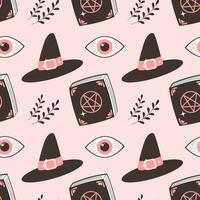 Halloween pink baby background. Seamless pattern with cute Halloween elements, hats. eyes and a magic book. Cartoon design in flat style. Vector