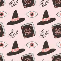 Halloween pink baby background. Seamless pattern with cute Halloween elements, hats. eyes and a magic book. Cartoon design in flat style. Vector