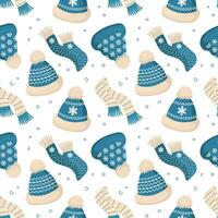 Knitted winter hats and scarves with snowflake ornament on a white background. Christmas print, background, vector