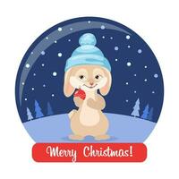 Cute bunny rabbit in a Christmas glass ball and congratulatory text. New Year's gift, present, postcard, vector