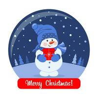 Cute snowman in a Christmas glass ball and congratulatory text. New Year's gift, present, postcard, vector