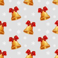 Seamless pattern, Christmas golden bells with red bows on the background of snowflakes. Textile, christmas print, vector