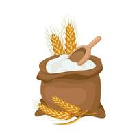 A canvas bag with flour, a wooden spatula and ears of wheat and rye. Agriculture icon, design element, vector