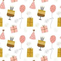 Seamless pattern Happy Birthday. Cakes, balloons, gift boxes and party hats. Festive background in simple style with golden sparkles, vector
