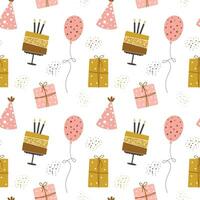 Seamless pattern Happy Birthday. Cakes, balloons, gift boxes and party hats. Festive background in simple style with golden sparkles, vector