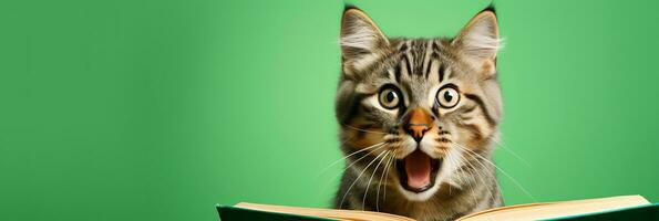 Funny photo of cute kitten with mouth open wide. Cute Maine Coon cat reading a book on green background.  AI Generated