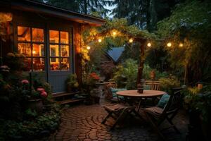 A small courtyard surrounded by greenery, simple patio furniture. Generative AI photo