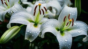 blanco lirio flores en un jardín con un oscuro antecedentes. generativo ai foto