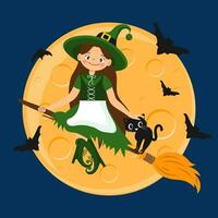 linda bruja con una escoba en la luna, murciélagos y fantasmas. ilustración de halloween, impresión de niños, vector