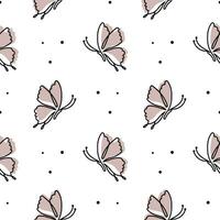 Seamless pattern, cute contour butterflies on a white background with dots. Print for children, textile, vector