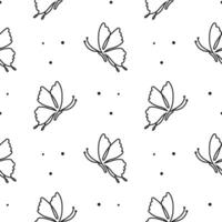 Seamless pattern, cute contour butterflies on a white background with dots. Print for children, textile, vector