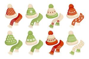 A set of winter knitted hats and scarves with an ornament of snowflakes. Decor elements, vector