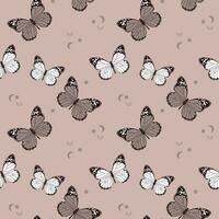 Seamless pattern, butterflies, moon and stars on a beige background. Print, background, textile, vector