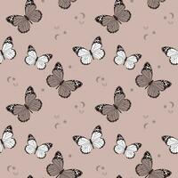 Seamless pattern, butterflies, moon and stars on a beige background. Print, background, textile, vector