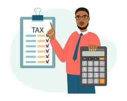 Man with calculator and tax form. Tax payment concept. Financial tax accounting, audit or accounting services. Cartoon illustration. Vector