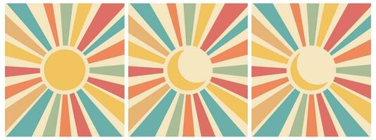 Set of vintage solar tapestry in boho style. Retro rainbow sunrise with moon. Minimal geometric abstract art. Hippie bohemian decor. Vector background