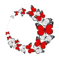 Round frame of red and white flying butterflies, poster. Wall art, illustration, vector