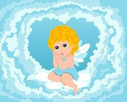 A cute cupid angel with wings sits on a cloud in the sky. Illustration for wedding, valentine, vector