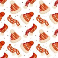 Knitted winter hats and scarves with snowflake ornament on a white background. Christmas print, background, vector