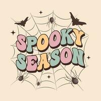 Groovy lettering card for halloween. Spooky Season calligraphy on a web with spiders and bats. Retro design for posters, cards, t shirts vector