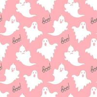 Seamless pattern, cute ghosts and the word boo on a pink background. Halloween print, background, textile, vector