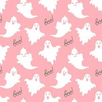 Seamless pattern, cute ghosts and the word boo on a pink background. Halloween print, background, textile, vector