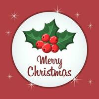 Greeting card with holly, red berries and text Merry Christmas. Red and gold design. Illustration, vector