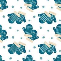 Seamless pattern, winter blue christmas mittens with snowflake ornament. Background, print, vector